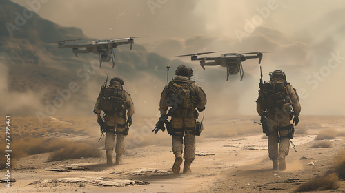 Military squad on a dusty trail with drone support. Suitable for showcasing military equipment, desert operations, or team tactics.
