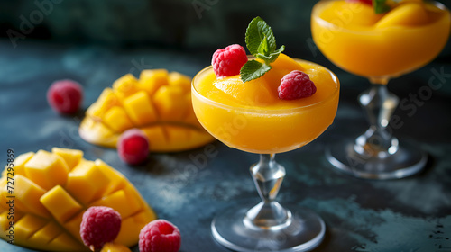 Mangonada, mexican frozen cocktail made of mango sherbet, Chamoy Mexican sauce and chili powder. Mango margarita cocktail topped with raspberries and mint. Mango smoothie garnished with raspberries