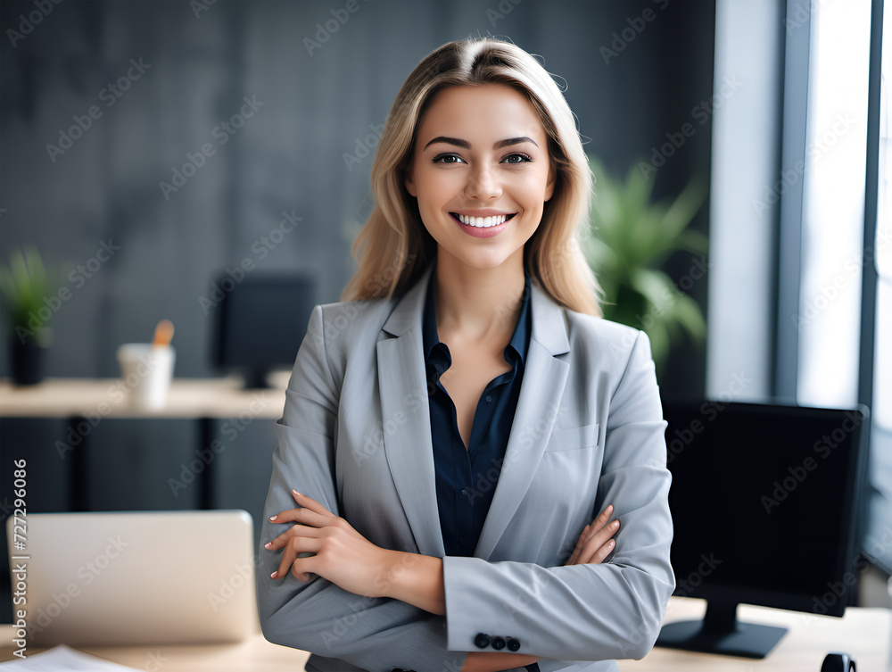 Young happy pretty smiling professional business working at laptop, happy confident positive female entrepreneur standing in office, looking at camera, Generated with AI Young happy pretty smiling professional business working at laptop, happy confident positive female entrepreneur standing in office, looking at camera, Generated with AI