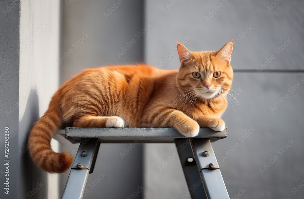 a red cat lies on a construction metal stepladder in a bright room, repairs are underway, background, there are concrete walls around