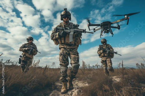 Armed tactical unit with drone support patrolling in a field, fitting for military documentaries or tactical gear promotions