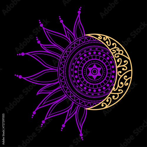 Sun and moon t-shirt design with Hindu style. Violet mandala.