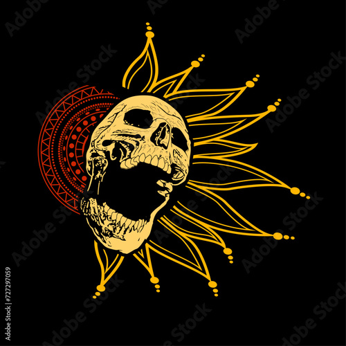 T-shirt design of a screaming skull with its mouth open and sun rays on a black background.