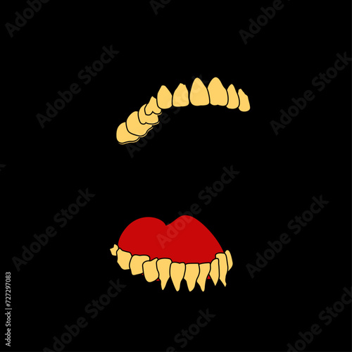 T-shirt design of an open mouth with yellowish teeth and a red tongue on a black background. Minimalist vector illustration.