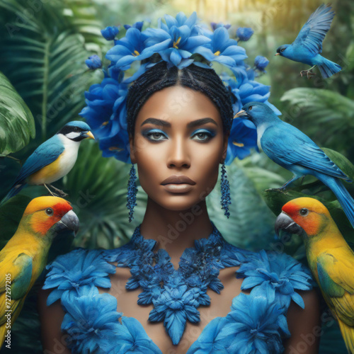 african woman with braids wearing a floral tiara and blue dress surrounded by tropical birds in the forest