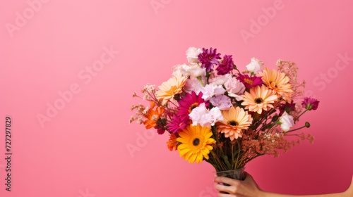 Woman holding a bouquet of flowers on a pink background.