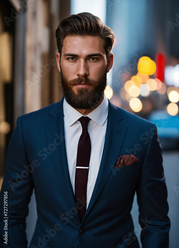 handsome young man 30 years old in a formal suit, full growth, brown-haired with light brown eyes, dark background, photorealistic, studio lighting photo