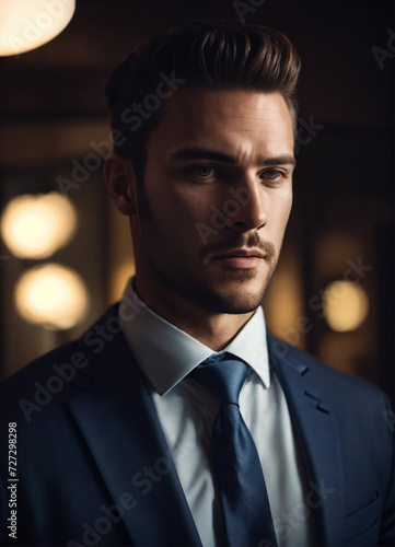 handsome young man 30 years old in a formal suit, full growth, brown-haired with light brown eyes, dark background, photorealistic, studio lighting