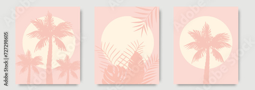 Abstract pastel summer beach wall art template. Pastel tone wallpaper design with sun and palm trees in line art pattern. Sea painting for wall decoration, interior, background, cover, banner