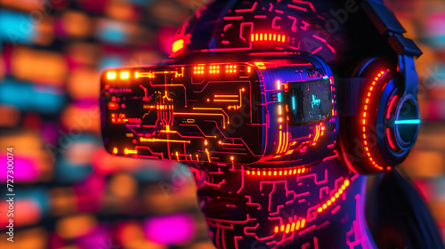 profile of a person wearing a virtual reality headset with glowing red circuit patterns on a colorful bokeh background