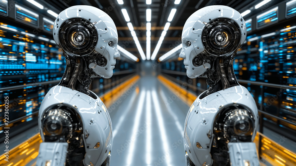 Two identical robots with camera-like eyes face each other in a server ...