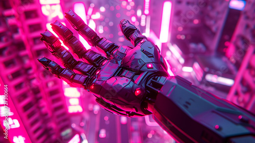 robotic arm with glowing red lights against a neon cityscape, illustrating a futuristic and cyberpunk aesthetic