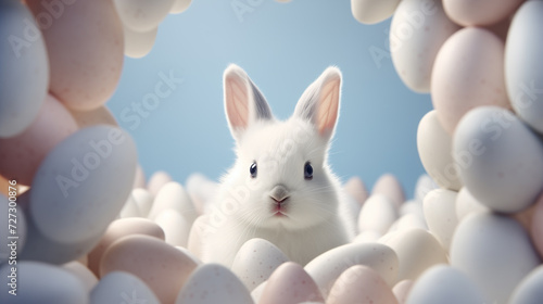 One white fluffy Easter rabbit animal hare sits close-up against a blue background. There are plenty of chicken white eggs around. © MargaritaSh