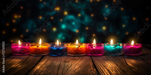 Candle night background Christmas banner with candles and balls on a wooden textured rustic table  Advent candles burning in the dark creating abstract defocused lights  Glowing candle  