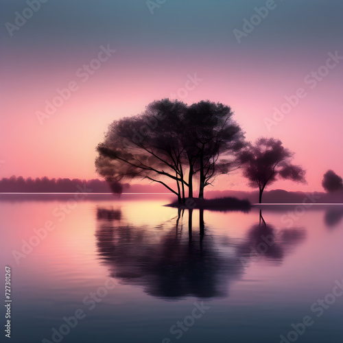 Tranquil Sunset Over Lakeside Trees