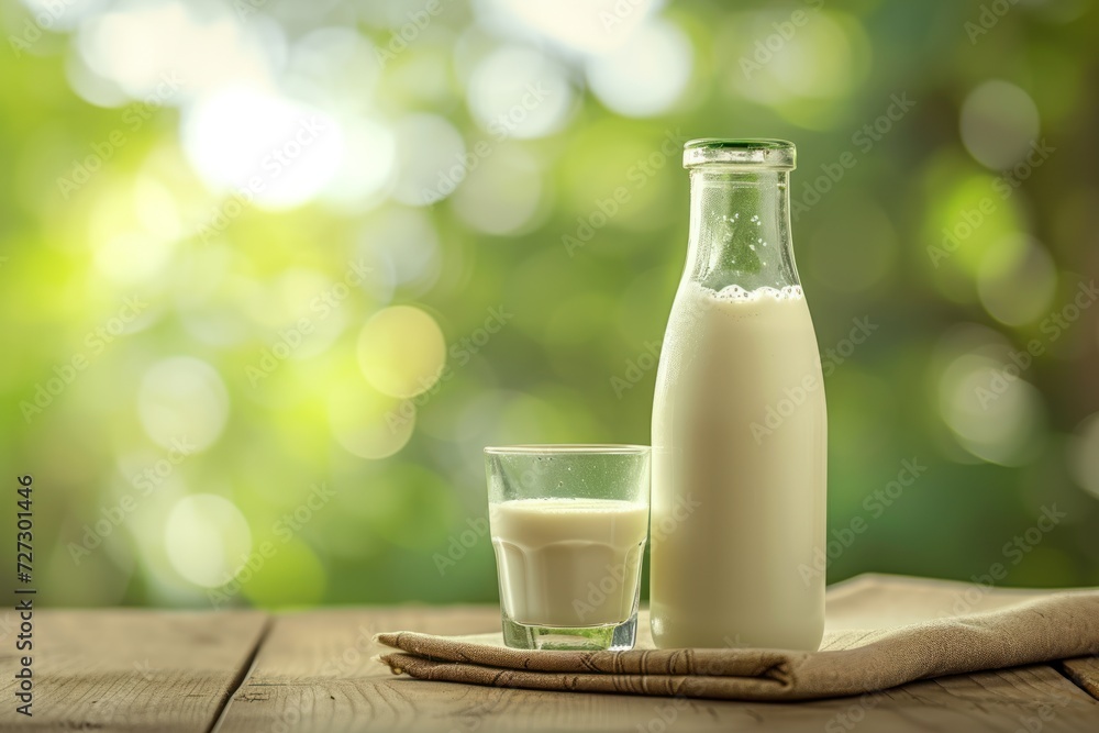 Bottle and glass of milk on wooden table on light green background Bottle and glass of milk on wooden table on light green background