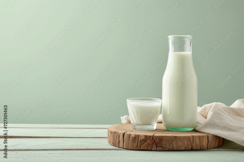Bottle and glass of milk on wooden table on light green background Bottle and glass of milk on wooden table on light green background