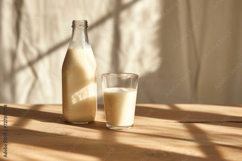 Bottle and glass of milk on wooden table Bottle and glass of milk on wooden table