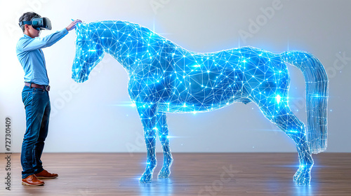 person wearing a VR headset is touching a bright blue, wireframe hologram of a horse that appears to be standing in an empty room