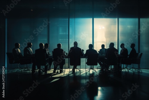 blurred silhouette of business people in a dark meeting room 