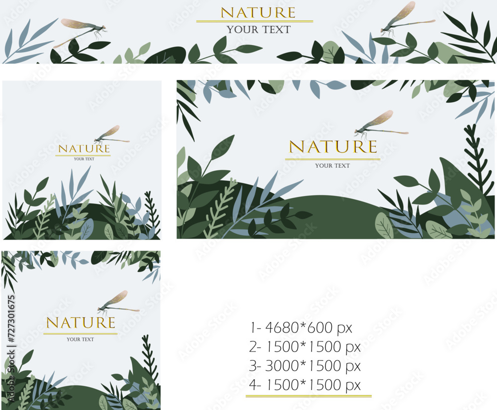 set of layouts, banners for text natural motif dark green color