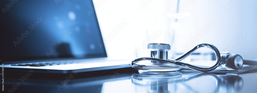Medical Stethoscope and Laptop on Table: Healthcare and Medicine Background Medical Stethoscope and Laptop on Table: Healthcare and Medicine Background