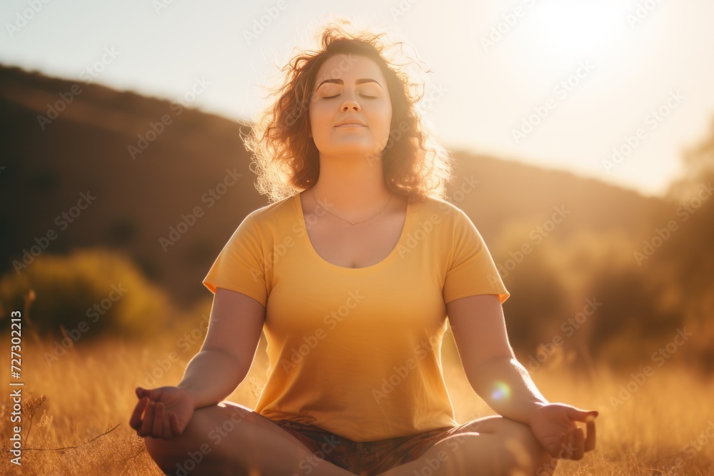Happy chubby young woman enjoying self care weekend, doing yoga in nature, 