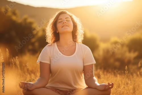 Wallpaper Mural Happy chubby young woman enjoying self care weekend, doing yoga in nature,  Torontodigital.ca