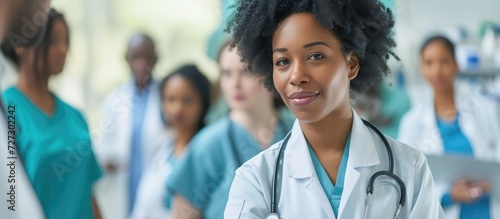 A group of healthcare professionals, including black individuals and nurses, are using digital technology to work together in a hospital. They are discussing medical research findings and test results photo