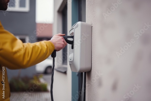 man's hand takes a charger on the wall box of a residential building 
