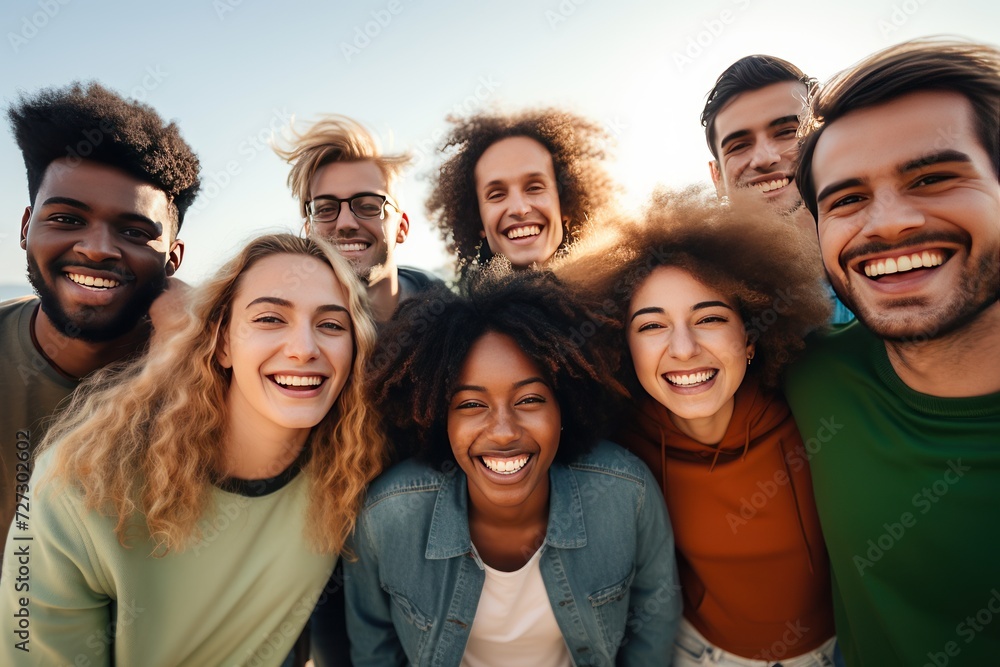 group of happy friends standing together in a circle, 