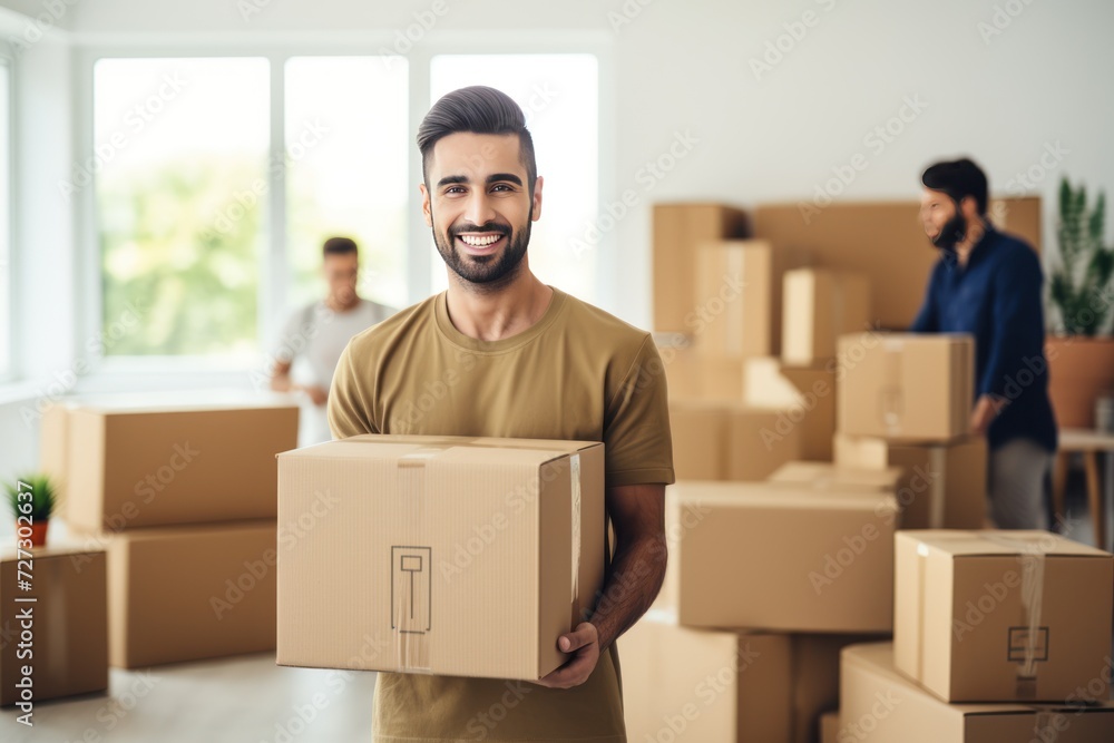 Portrait of young male happy smiling employee of moving service in overall standing Portrait of young male happy smiling employee of moving service in overall standing