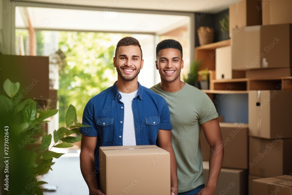 Portrait of young male happy smiling employee of moving service in overall standing Portrait of young male happy smiling employee of moving service in overall standing