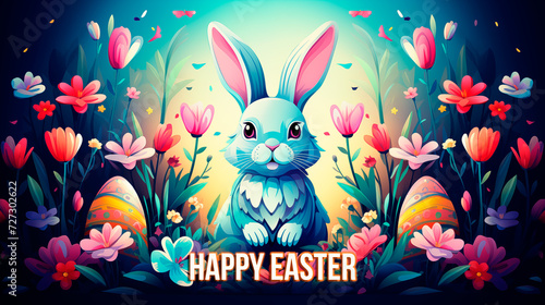 realistic drawing of blue rabbit in a field of flowers and easter eggs with a happy easter title