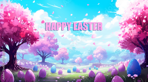 happy easter template with ta field of tree and eggs