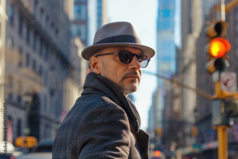 portrait of stylish middle aged man walking the city with skyscrapers, portrait of stylish middle aged man walking the city with skyscrapers,