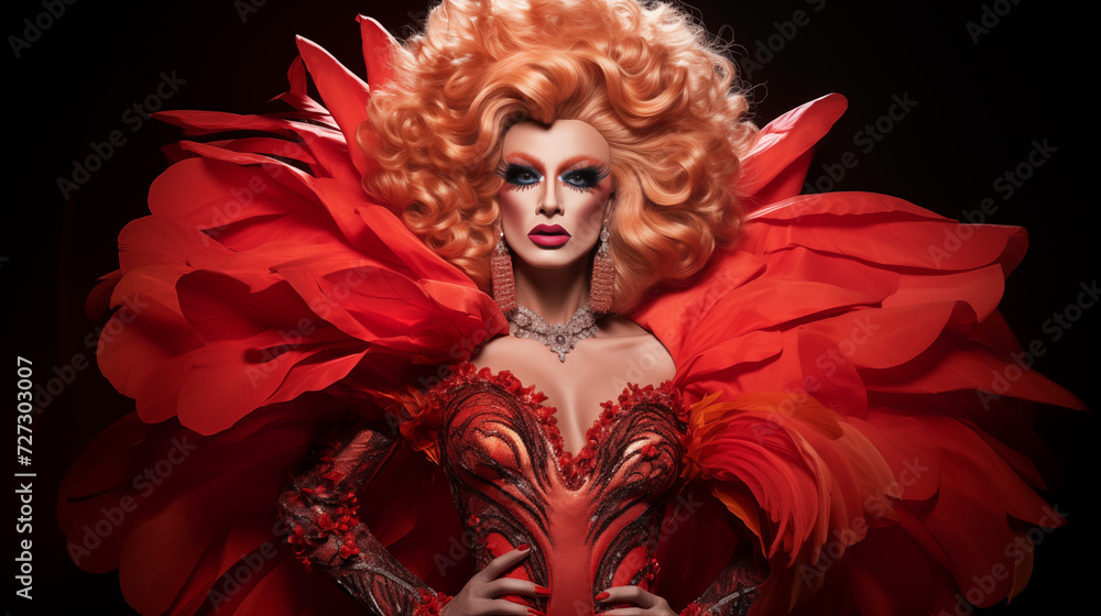 Portrait of a glamorous drag queen with colorfull feathers and captivating makeup