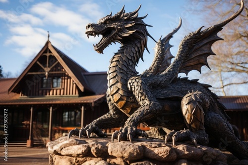 A statue of a Scandinavian dragon placed outside a rustic wooden structure