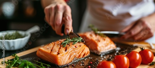 Housewife prepares grilled salmon steak with garnish in modern kitchen.