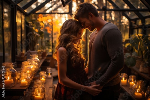 A couple enjoying a romantic moment surrounded by flickering candles in a greenhouse as the sun sets