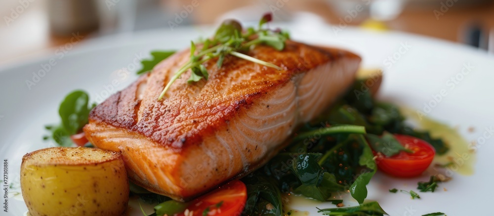 Salmon entree served with potato and greens. Salmon entree served with potato and greens.