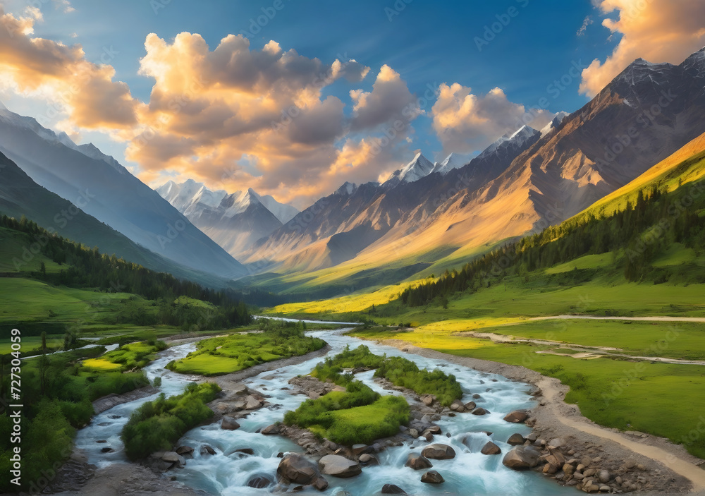 Landscape with high Himalayan mountains, beautiful curving river, green forest, blue sky with clouds and yellow sunlight at sunset in summer. Mountain valley.