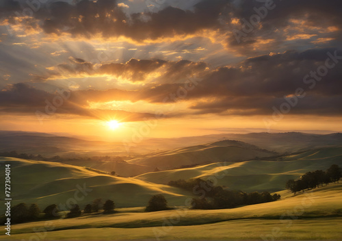 A spectacular sunrise with sunbeams over the rolling hills landscape