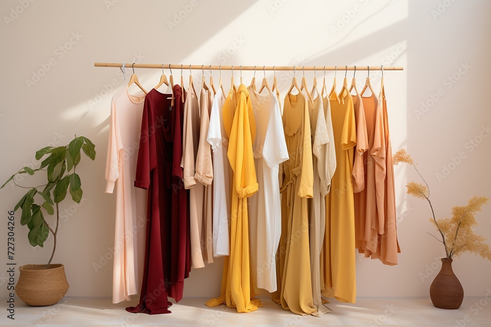 Clothes rack with a variety of dresses in neutral colors, isolated on a beige background. Dresses on hangers. Clothing store.