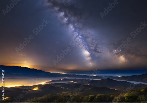 Galaxy with the milky way and golden bright light before sunrise, The starry in the night sky are visible from earth © Mx