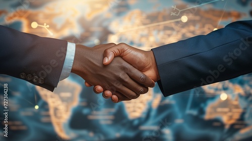 Handshake between two individuals of diverse ethnicities against the backdrop of a world map, symbolizing international business