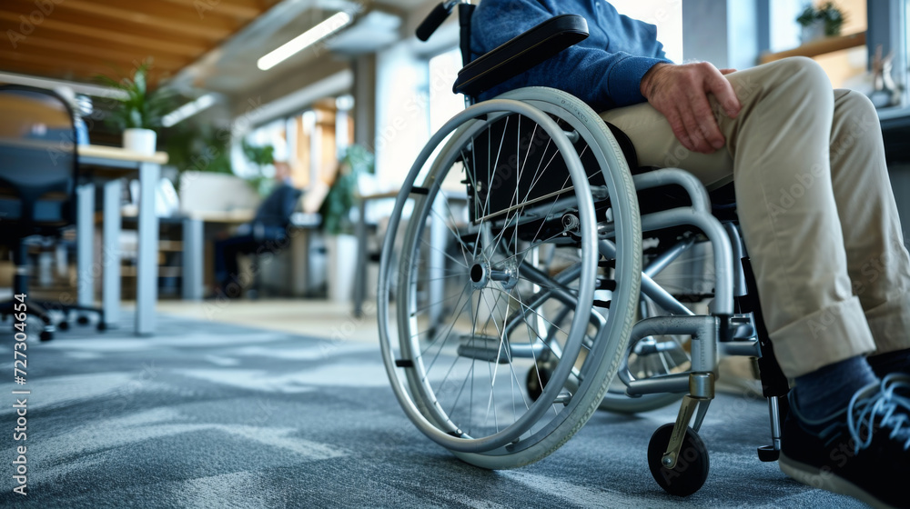close-up of a person in a wheelchair in an office environment close-up of a person in a wheelchair in an office environment