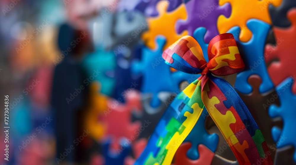 Kid with ribbon for World Autism Spectrum Disorder Awareness Day typically features a colorful puzzle pattern, symbolizing the complexity and diversity of individuals on the autism spectrum