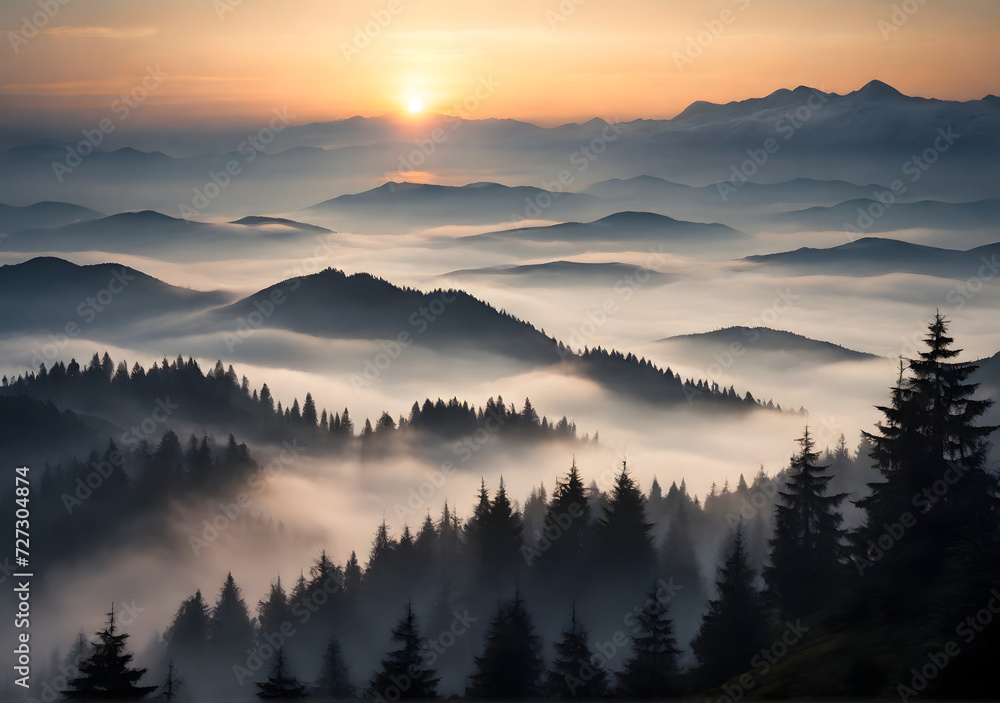 Beautiful sunrise in the mountains. Fir trees in the fog and dark silhouettes of mountains at dawn.