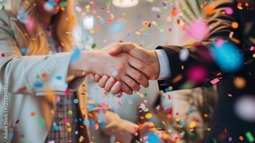 Celebratory handshake between business partners with confetti raining down, symbolizing a successful business deal or achievement worth celebrating.